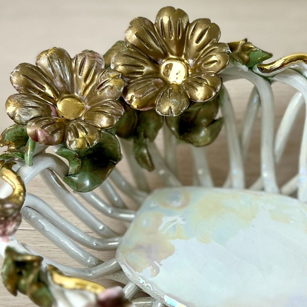 Vintage Capodimonte Italy (SIGNED) Iridescent Porcelain Open Lattice Weave Bowl - Picture 4 of 16